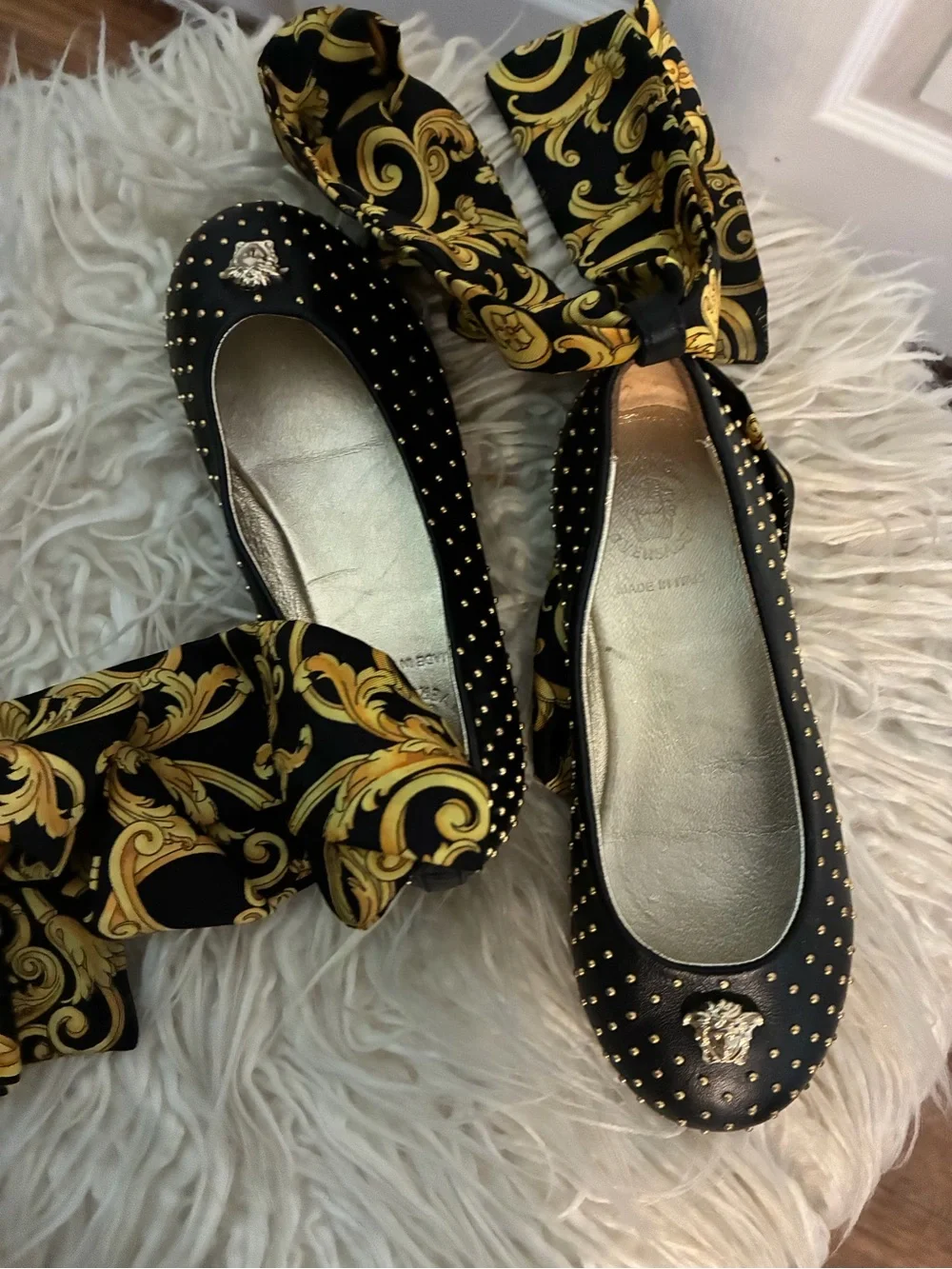 Versace Black and Gold Studded Ballet Flats with Medusa Charm